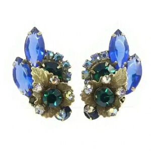 Vintage Verified JULIANA Earrings Rhinestones AB Blue Green & Gold Leaves Clip
